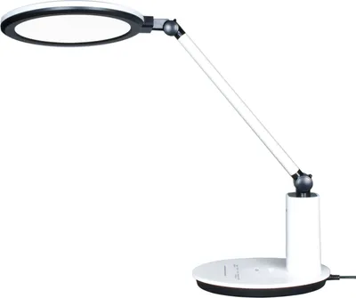 A white LED desk lamp with a circular light source and an adjustable arm, shown against a white background.