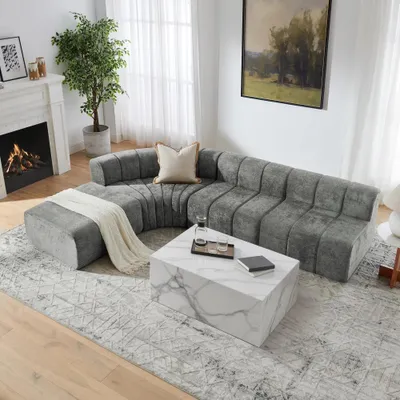 Zdjęcie produktu dla Modułowa, narożna sofa dla 4 osób - w kształcie litery "S" - z możliwością demontażu elementów - moduły bez oparcia - obita tkaniną typu "chenille" - kolor: szary