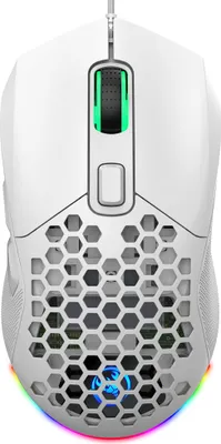 A white gaming mouse with a honeycomb design and RGB lighting.