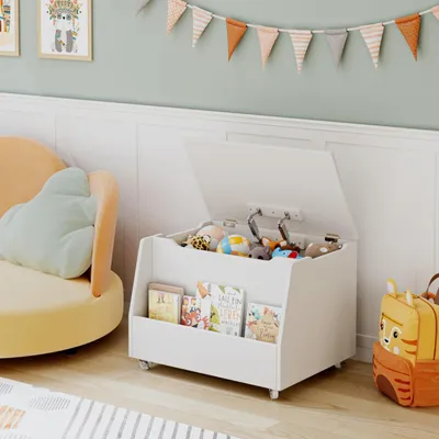 Immagine prodotto di Panca con spazio contenitore e cerniere di sicurezza, dimensioni 62x48x46 cm, realizzata in MDF e dotata di rotelle