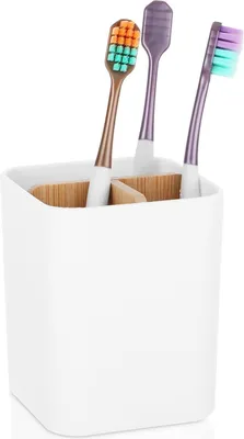 Produktbild von Famanu Zahnbürstenhalter Kunststoff - Mit Bamboo Trennwand & Abfluss - 3 Fächer - Weiß