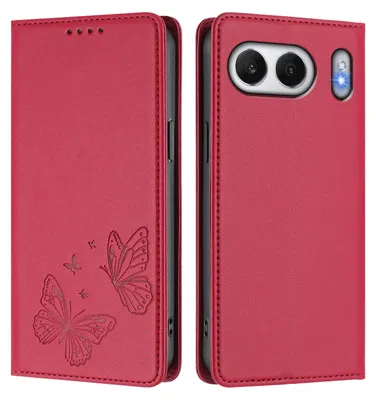Obrázek produktu pro Kožené pouzdro pro OnePlus Nord 4, motýlí ražbou, peněženkové flip pouzdro se stojánkem Červená