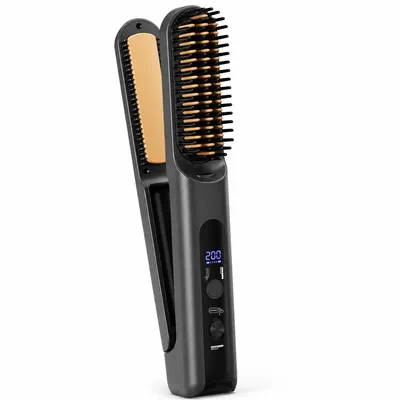 Produktbild von Kabellose Reise-Hitzebürste für Damen, 2-in-1 Glättungs- & Lockenkamm, Mini-Haarstyler für kurze & lange Haare mit 4 Heizstufen
