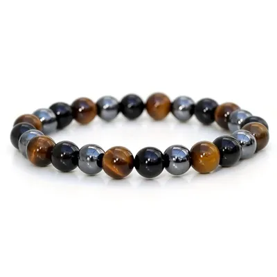 Produktbild von Elastisches Natursteinarmband mit Tigerauge, Obsidian & Hämatit – symbolisch für Stärke, Schutz & Ausgleich – Uni, ca. 8 mm Perlen