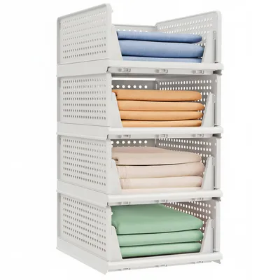 Produktbild von SONGMICS Schrank-Organizer klappbar, Kleiderschrank-Organizer stapelbar, ausziehbarer Korb 4er Set, Aufbewahrung und Organisation, Kunststoff