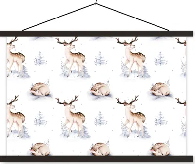 Produktbild von MuchoWow® Textilposter Winter - Schnee - Hirsche 60x40 cm mit schwarzem Rahmen - Hölzernes