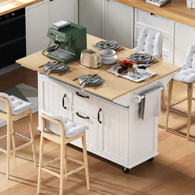 Image de Flieks Chariot de service Chariot de cuisine avec tablette extensible, îlot de cuisine Chariot de service avec fonction de chargement, chariot de cuisine 120x40/60/80x92 cm, Blanc