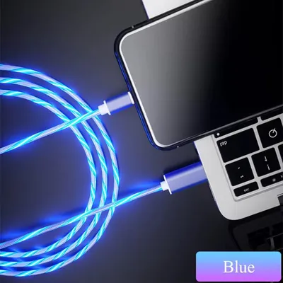 Image de Câble de recharge USB LED 3-en-1 bleu lumineux Micro USB-C pour Apple iPhone et Samsung, 2 m