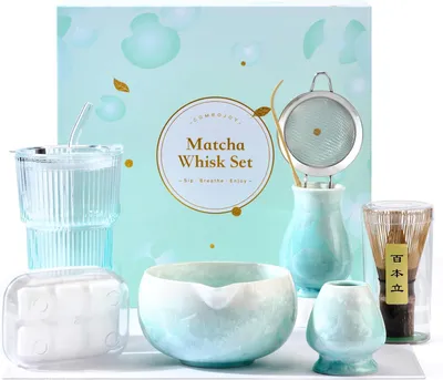 Obrázok produktu pre Matcha súprava 9-dielna, miska s glazúrou, bambusová metlička, lyžička, sitko, pohár s viečkom, modrá, pre