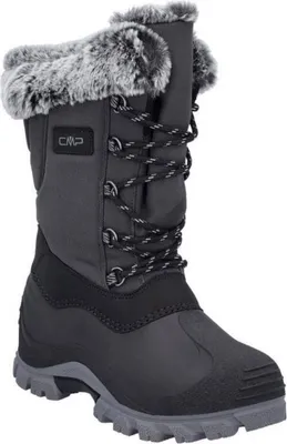 A studio shot of a black winter boot with gray fur trim.