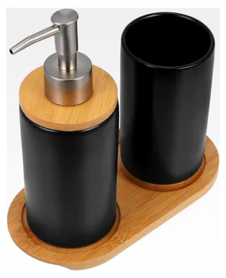Produktbild von Keramische Badezimmeraccessoires 5-teilig mit Seifenspender, Zahnbürstenhalter und Becher 350ml Schwarz für Bad und Reisen