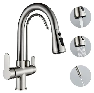 Produktbild von Osmose-Wasserhahn für die Küche, 3-Wege-Mischbatterie, 360° drehbar, Küchenarmatur, Kalt- und Warmwasser, gebürstetes Nickel
