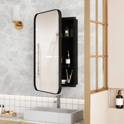 Produktbild von MODFU Stilvoller Spiegelschrank Medizinschrank mit Metallrahmen,Wandschrank mit Stauraum und verstellbaren Regalen für Badezimmer,Schwarz