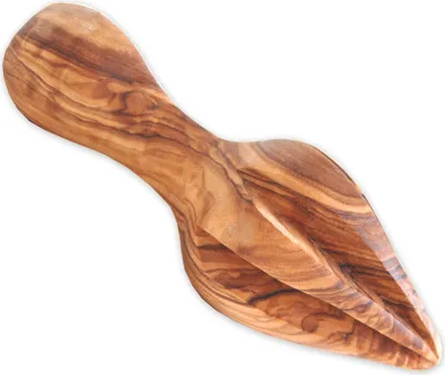 A wooden citrus juicer shown against a white background.