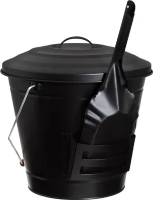 Produktbild von Grillpaul Ascheeimer 14 Liter mit Deckel, Tragebügel mit Holzgriff und Ascheschaufel mit Halterung, schwarz