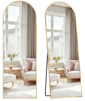 Productafbeelding van Spiegel voor het hele lichaam, 160 x 50 cm, gebogen staande spiegel, aluminium frame, gehard glas, geschikt voor slaapkamer, woonkamer, garderobe, kleur: bleekgoud