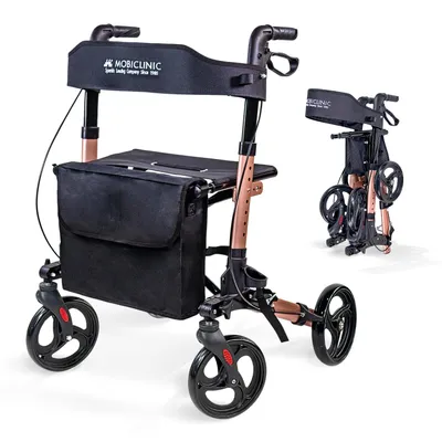 Image de rollateur 4 roues Mobiclinic, pliable, léger, avec siège et sac Rollateur aluminium Trajano or rose