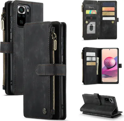Collage of images showing a black leather wallet-style phone case for a Redmi Note 10 4G / Note 10S.