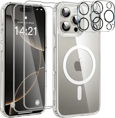 A clear protective case for an iPhone, shown with screen protectors and camera lens protectors.
