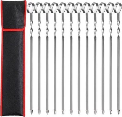 Image de 12 longues brochettes en acier inoxydable avec sac en nylon - Idéales pour le camping ou les barbecues - Brochettes résistantes pour la viande et les brochettes