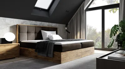 Produktbild von Kontinentales Bett 140x200 CHANTELLE 8 - Wotan Eiche / Braun + GRATIS Matratzenauflage
