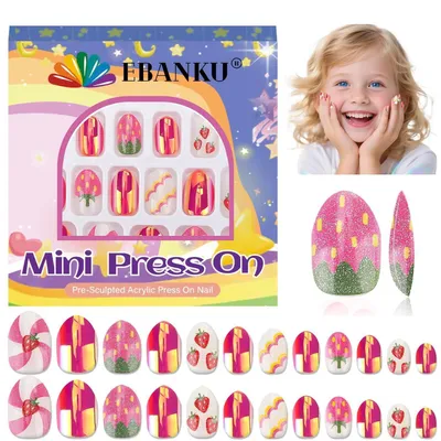 Productafbeelding van Kunstnagels voor kinderen, 24 stuks, aardbei- en amandelmotief, kort, kunststof ABS, 12 verschillende maten
