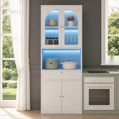 Immagine prodotto di Vetrina bianca con illuminazione RGB a LED, mobile alto con cassetti e vano aperto, libreria con 2 ante, per soggiorno