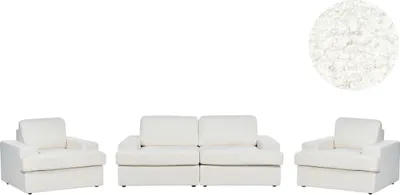 Produktbild von BELIANI Sofa Set 3-Teilig Cremeweiß Stoffbezug Bouclé 3-Sitzer Sofa und 2 Sessel Breite Armlehnen Sitzfläche Dicke Sitzkissen Retro Stil Wohnzimmer