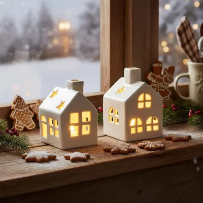 Produktbild von 2er Set LED Haus Weiß Porzellan Lichthaus Tischdeko Skandi Design Lichtdeko Scandi Weihnachten Deko Lichterhaus