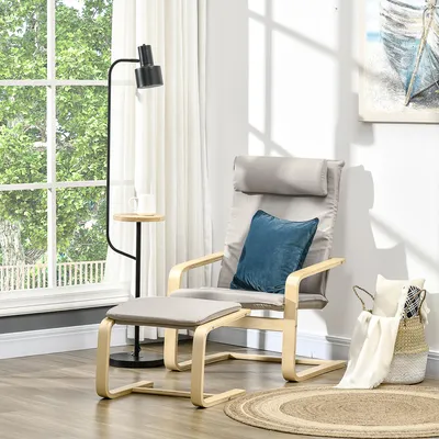 Image de Fauteuil de lecture avec repose-pieds, aspect lin, structure en bois, repose-tête amovible, dimensions : 67 x 69 x 100 cm, couleur : gris