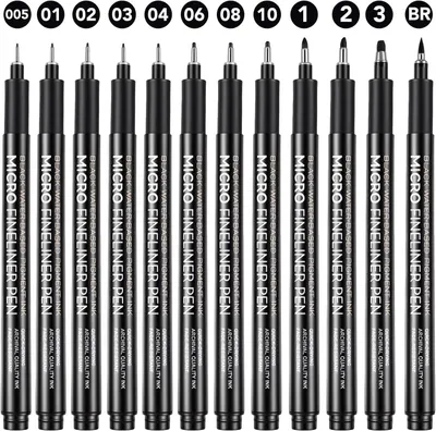 Zdjęcie produktu dla Zestaw cienkopisów, 12 wodoodpornych długopisów, różne grubości końcówek, 0,2-0,9 mm, do kaligrafii