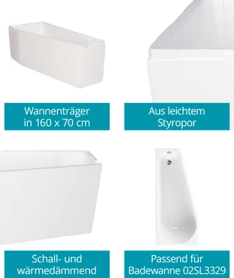 Produktbild von Calmwaters® Wannenträger 160 x 70 cm Essential Small, Passend für Eck-Badewanne 160x70 cm, Rechte Ausführung, Styroporträger, Schall- und wärmedämmend, Direkt verfliesbar, Weiß, 03AX4978