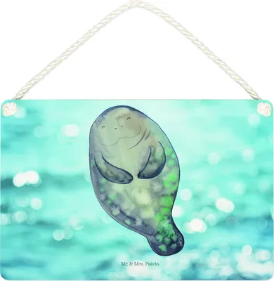 Produktbild von Mr. & Mrs. Panda Schild Seekuh Happy DIN A4 - Oceanblue - Geschenk, Achtsamkeit, Wandbild Holz, Freundin, Deko, Neustart, Selbstliebe, wandtafel, Meer, Respekt, Türschild