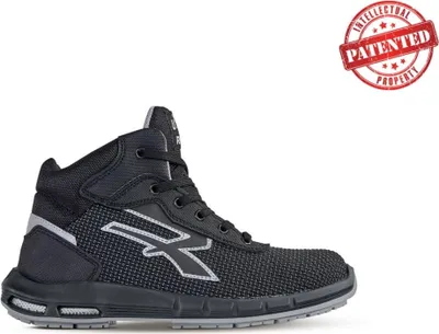 A black high-top safety shoe with a silver logo on a white background.