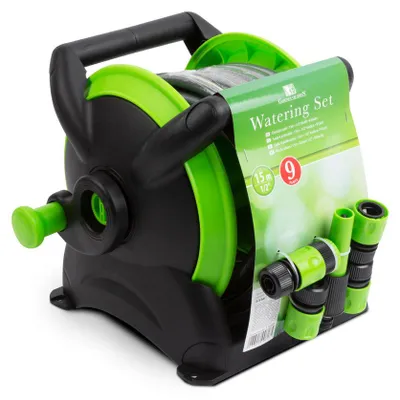 Produktbild von Gartenschlauch auf Rolle 15 Meter – Komplettes Gartenschlauch-Set 15 m mit Spritzpistole – Gartenschlauchwagen – Schlauchwagen kompakt