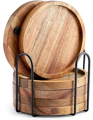 Obrázek produktu pro Kulaté dřevěné podtácky pod sklenice, sada 6 kusů, podtácky z akáciového dřeva s držákem, skleněné podtácky pod nápoje, barové