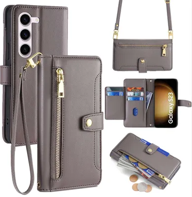 Produktbild von Handykette Samsung Hülle mit Band Handyhülle Kartenfächer Kunstleder Umhängetasche Galaxy S23 Grau