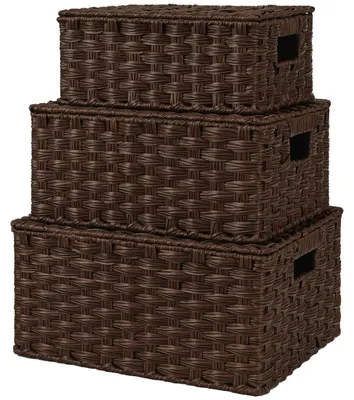 Imagen del producto de Omgoods - Juego de 3 cestas de mimbre con tapa - Cestas decorativas para almacenamiento