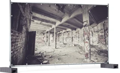 Produktbild von Wallario XXL Outdoor-Poster für Garten oder Balkon, Motiv Alte verlassene Fabrikhalle, in ca. 340 x 173 cm