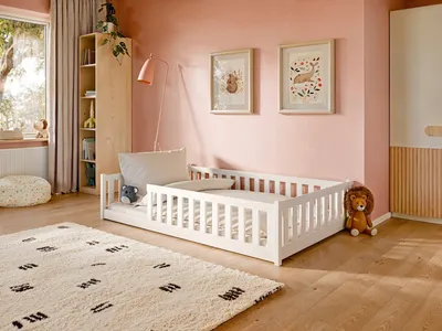 Produktbild von Bodenbett Bett mit Rausfallschutz & Lattenrost Montessori Bett Kinder Gitterbett Jugendbett weiß mit Matratze Junge Mädchen 120x200cm