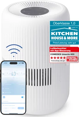 A white air purifier with a smartphone displaying its app interface next to it, along with marketing labels and awards.