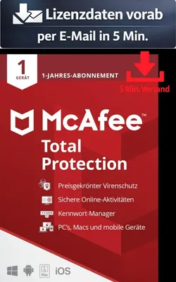 Produktbild von McAfee Total Protection (1 Device - 1 Jahr) ESD Antivirus Sicherheit 5 Min. Versand als Download per Mail