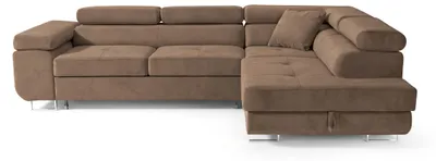 Zdjęcie produktu dla Narożnik LUCA – Sofa L-kształtna z Funkcją Spania i Pojemnikiem, Welur Hydrofobowy, Brązowy , prawy