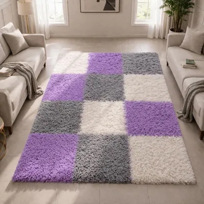 Obrázok produktu pre Koberec Shaggy, viacfarebný, fialový, sivý, krémový – moderný koberec s vysokým vlasom a kockovaným vzorom, rozmery: 160 x 230 cm
