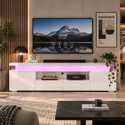 Image de Meuble TV brillant INONEFT avec éclairage LED et ports USB, meuble bas TV avec 2 tiroirs et 2 compartiments de rangement, idéal pour le salon ou la chambre, dimensions : 180 x 35 x 52 cm, Image générée par une IA