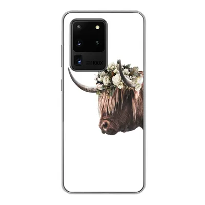 Produktbild von MuchoWow® Handyhülle Schutzhülle Hülle für Samsung Galaxy S20 Ultra Schottischer Highlander - Kuh - Rosen Silikon Softcase Handy Hülle - Karteninhaber