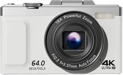 Immagine prodotto di Videocamera 4K con sensore da 64 MP, zoom digitale 16x, schermo LCD da 2,8 pollici orientabile a 270°, batterie incluse, scheda di memoria da 32 GB, videocamera compatta per vlogger principianti
