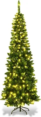 Produktbild von COSTWAY 200cm Bleistift Weihnachtsbaum mit warmweißen LED-Leuchten, künstlicher Tannenbaum mit Klappsystem und Metallständer, Christbaum PVC Nadeln, Kunstbaum Weihnachten Grün