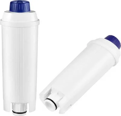 Two white water filter cartridges with blue caps, against a white background.