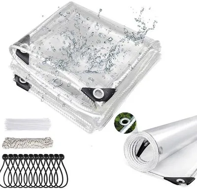 Produktbild von Unyqoos® wasserdichte transparente Schutzplane 4×6 m – PE 420 g/m², verstärkte PVC-Ränder & Polycarbonat‑Ösen, inkl. 10 m Seil, 20 Kabelbinder, 12 Spannseile